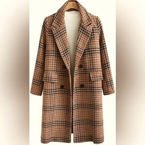 Oversized Notched Collar Double Breasted Plaid Wool Blend Long Trench Coat - XL